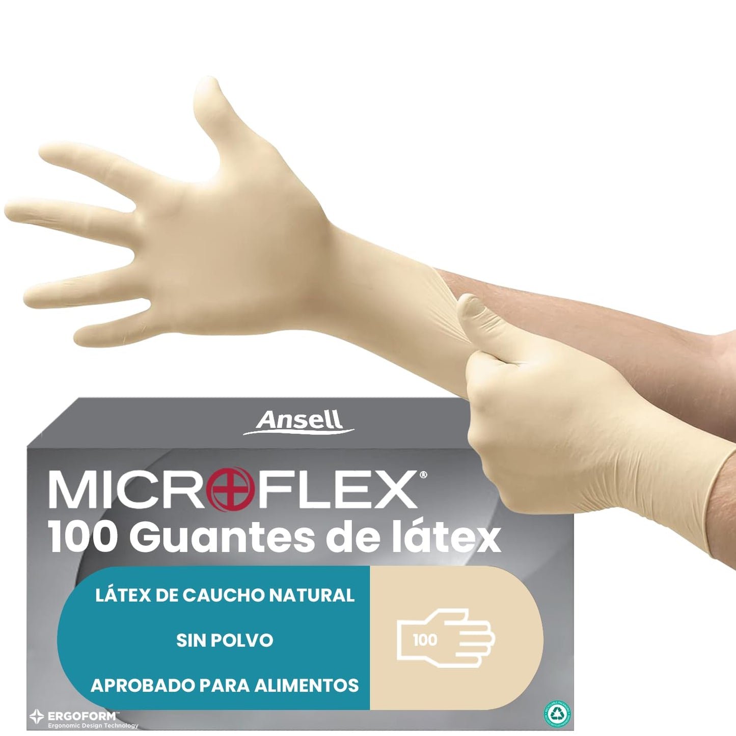 Ansell MicroFlex 63-864 Guantes Desechables Sin Polvo, Dedos Texturizados y Reforzados, Protección Mecánica, Seguridad Alimentaria, Látex de Caucho Natural, Blanco, Talla L (100 Guantes)