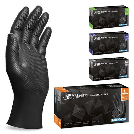 50x PROGRIP Guantes nitrilo talla L Negro [Con doble grosor y textura diamante], Guantes desechables de nitrilo para taller, industria y montaje, Luvas nitrilo descartaveis