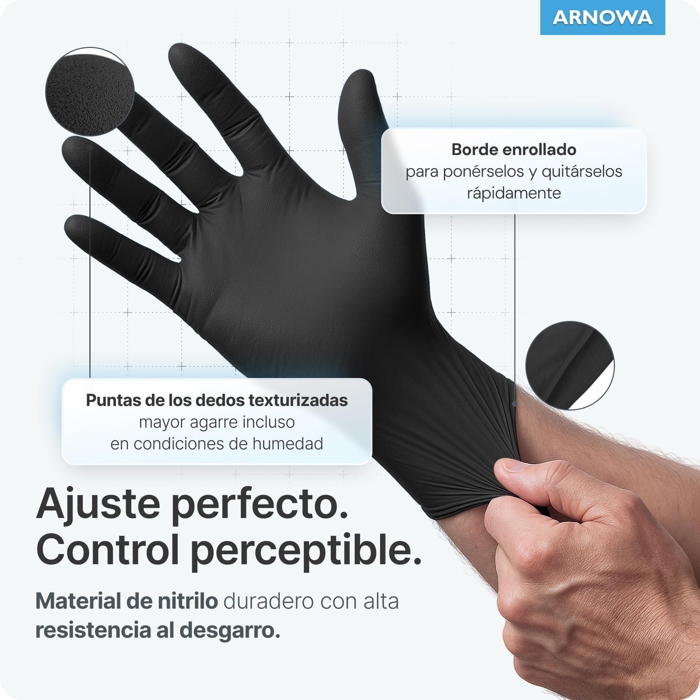 100x ARNOMED® Guantes nitrilo talla L Negro, Guantes desechables quirurgicos y laboratorio, Luvas nitrilo descartaveis sin polvo y látex, Manoplas nitrilo en XS, S, M, L, XL, XXL