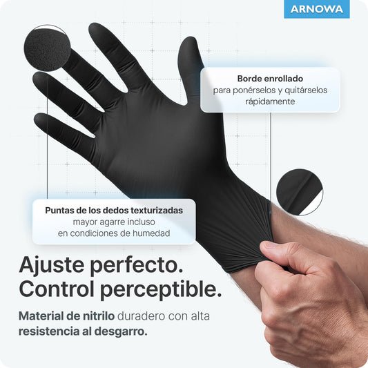 100x ARNOMED® Guantes nitrilo talla L Negro, Guantes desechables quirurgicos y laboratorio, Luvas nitrilo descartaveis sin polvo y látex, Manoplas nitrilo en XS, S, M, L, XL, XXL