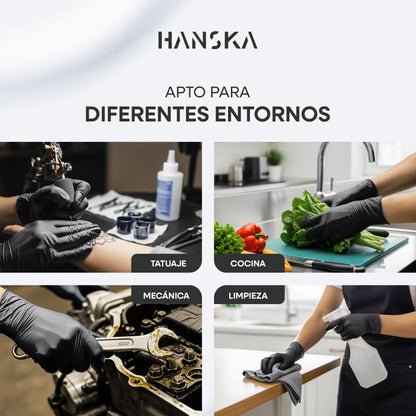 HANSKA Guantes desechables de nitrilo negros – Sin polvo – Desechar– Ambidextros – No estériles – Base de goma – Apto para ámbitos médicos, manipulación de alimentos (100, M)