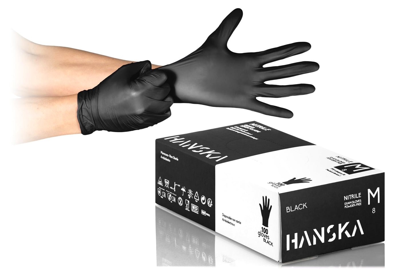 HANSKA Guantes desechables de nitrilo negros – Sin polvo – Desechar– Ambidextros – No estériles – Base de goma – Apto para ámbitos médicos, manipulación de alimentos (100, M)