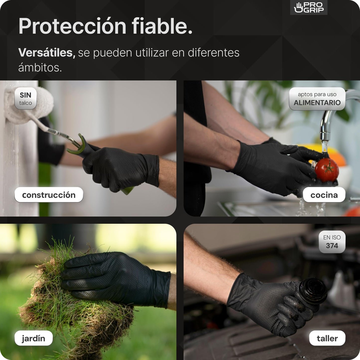 50x PROGRIP Guantes nitrilo talla L Negro [Con doble grosor y textura diamante], Guantes desechables de nitrilo para taller, industria y montaje, Luvas nitrilo descartaveis
